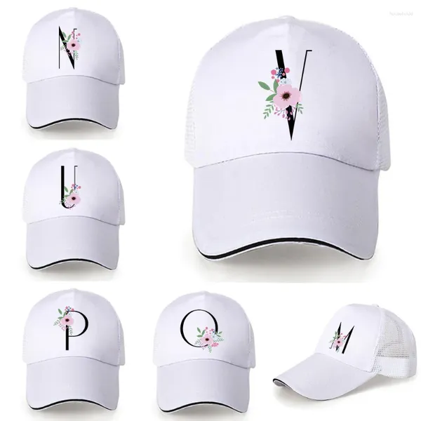 Gorras de bola Gorra ajustada de béisbol Sombrero de papá Snapback Malla Trucker Flor y letra negra Estampado de algodón ajustable Hebilla trasera