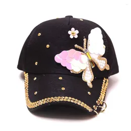 Ball Caps Bling Righestone Beads Sequins Butterfly Baseball For Women Flower Snapback Hat Hip Hop Fashion Sun avec anneau métallique