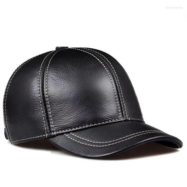 Gorras de bola Marca Gorra de béisbol de cuero para hombres Capa superior Cuero de vaca Otoño Invierno Cúpula Europeo Americano Ocio Sombrero protector de oído de ala larga