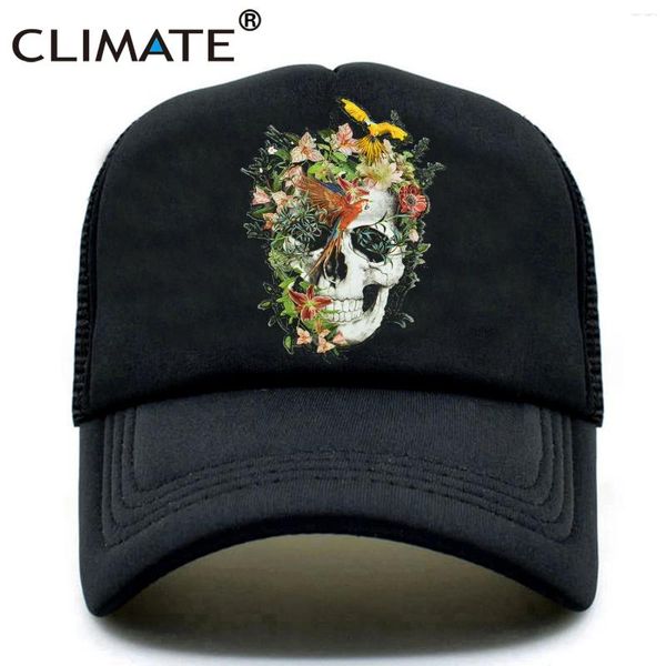 Gorras de bola Clima Flor Esqueleto Trucker Cap Cool Skull Bone HipHop Béisbol Verano Bloodcurdling Black Mesh Hat para hombres