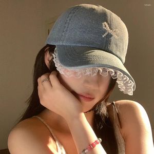 Ball Caps Demin Color Baseball Hat Lace Brim Style Japonais Sun Pearl Bow Sunshade Cap
