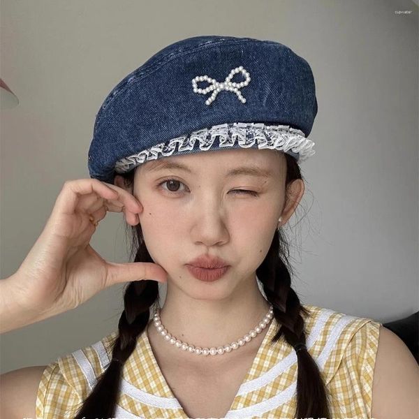 Ball Caps Denim Pearl Bow Kont Beret Cap coréen Vintage Y2K Hat de dentelle Summer Designer feme