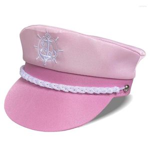 Gorras de bola Gorra de béisbol bordada para mujeres Pink Flat Top Boat Captain Hat Ajustable Twill Ladies Snapback