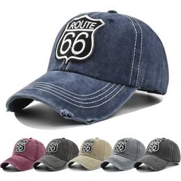 Ball Caps Borduurwerkbrieven Route 66 Baseball hoed Spring en herfstmerk Snapback Fashion Distressed Cotton Q240403