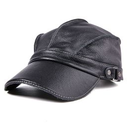 Kogelcaps mode unisex hoogwaardige echte lederen militaire caps zeiler hoeden vrouwen mannen zwart bruin flat top kapitein cap travel cadet hoed 230314