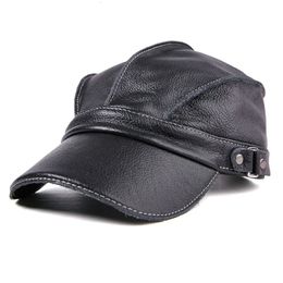 Ball Caps Mode Unisex Hoge Kwaliteit Echt Leer Militaire Matrozenhoed Mannen Zwart Bruin Platte Kap Kapitein Cap Reizen Cadet 231110