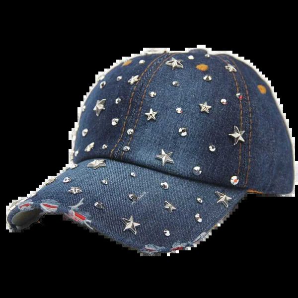 Gorras de bola Moda Mujer Gorra de béisbol Bling Stars Rhinestone Denim Cap Correa ajustable Jean Snapback Hat Distressed Brim 24327