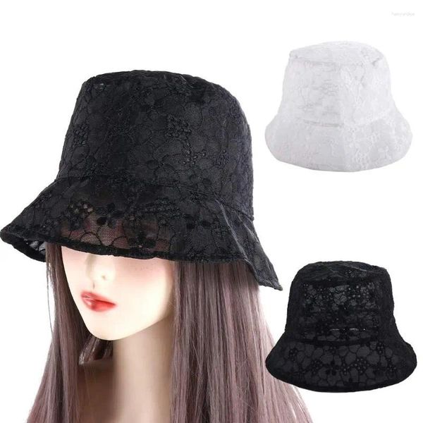 Casquettes de boule pliable fille portable maille chapeau d'été creux pour les femmes bassin de fleurs chapeaux féminins chapeau de soleil seau en dentelle