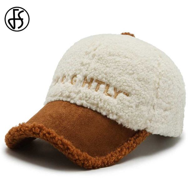 Caps à balle FS 2024 Brun Brown White Lambool Baseball Winter Baseball Cap pour hommes Chapeaux de laine en peluche élégants chauds plus Velvet Women Caps Gorras Hombre Y240507