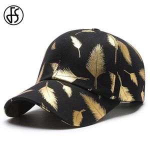 Ball Caps fs Brand Feather bronzing imprimer Baseball Cap pour hommes Black Gold Hip Hop Caps de voyage d'été Sunshade Women Hat Casquette Homme Y240507