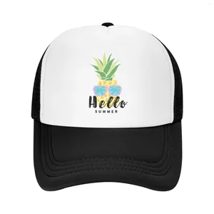 Capes de balle Hello Summer Pineapple Graphic Trucker Hat Cap de baseball pour hommes Femmes Breffable Mesh Snapback A réglable Clôture