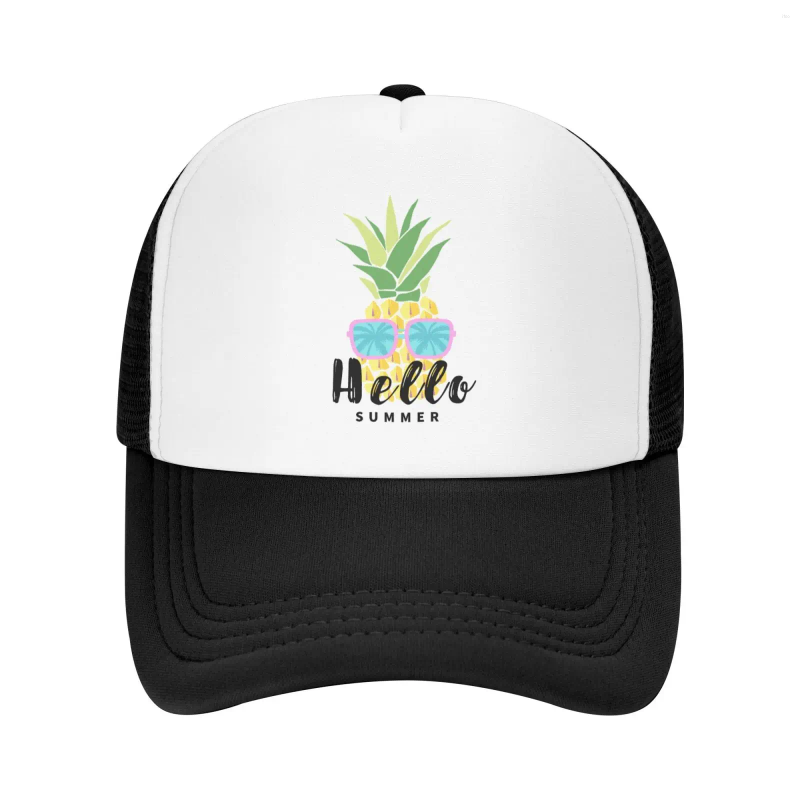 Capas de bola Hello Hello Summer Pineapple Graphic Truckic Hat Cap para homens Mulheres Mesh respirável Fechamento ajustável do Snapback