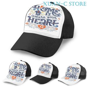 Gorras de bola El hogar es donde tu corazón Gorra de baloncesto Hombres Mujeres Moda Todo sobre estampado Negro Unisex Sombrero para adultos