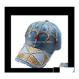Casquettes de balle Ins Fashion Designer de luxe Colorf Diamonds Crystal Crown Blue Jeans Demin Summer Baseball pour femmes filles chapeaux de soleil Yhxhc Otxs4