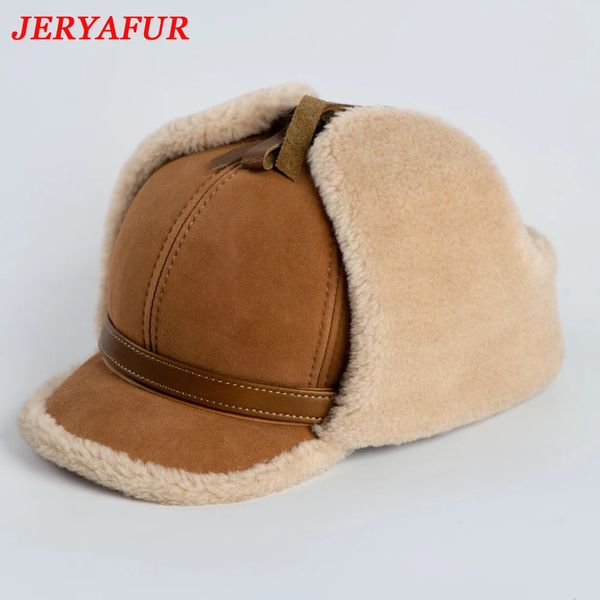 Casquettes de baseball JERYAFUR haute qualité hiver en cuir chapeau hommes fourrure agneau laine chaud épais oreillettes Bomber chapeaux hommes casquette de Baseball chapeau russe 231204