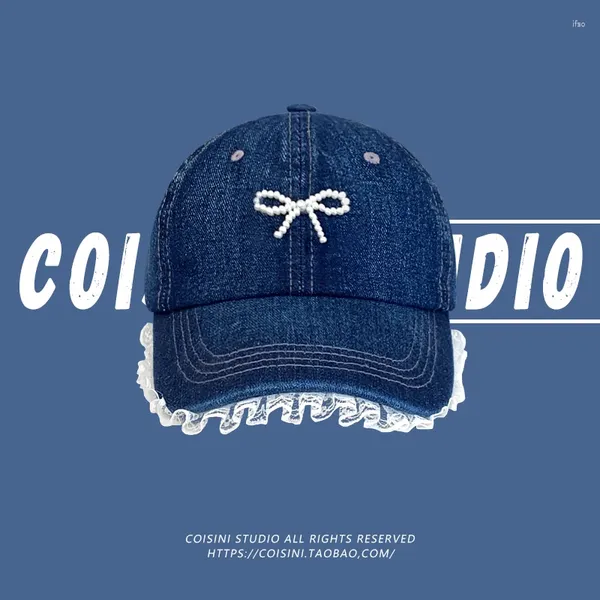 Gorras de bola versión coreana lindo dulce perla arco gorra mujeres primavera verano versátil espectáculo pequeña cara sombrilla vaquero denim béisbol