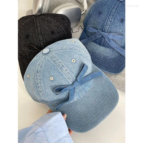 Gorras de bola Versión coreana de la línea brillante DIY Correa de arco Gorra de béisbol Cara de mujer Calle pequeña Dulce Sombrero de mezclilla casual ajustable