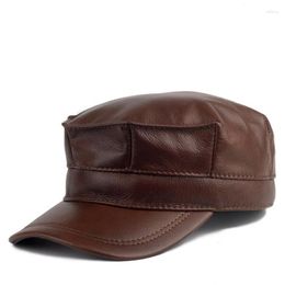 Bal Caps Leren Hoed Mannen Winter Toevallige Outdoor Koeienhuid Platte Top Achthoekige Cap Mannelijke Koreaanse Mode Oorklep Warme Sboy baretten Papa Chapeau