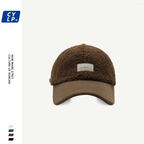 Gorras de bola Etiqueta de tela Etiqueta de lana de cordero Gorra de béisbol Hombres y mujeres Otoño Invierno Cálido Calle coreana Moda Costura Peaked