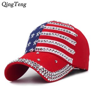 Gorras de béisbol de lujo para mujer Bandera americana Rhinestone Gorras de béisbol Moda Casual Chica Marca Snapback Gorras Mujeres Venta al por mayor Dropshipping G230201