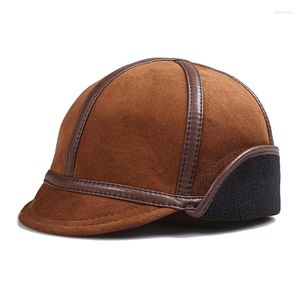 Casquettes de baseball homme hiver chaud oreille Protection Bomber chapeau homme haute qualité en cuir véritable fausse fourrure à l'intérieur noir/marron mouton neige