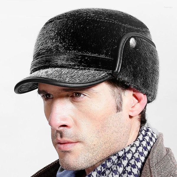 Gorras de bola Gorra de béisbol de piel para hombres para hombres Ropa de abrigo de invierno Sombrero Orejeras masculinas con orejeras Protección rusa B-7221