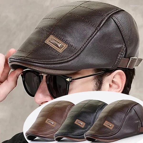 Ball Gaps Men Fashion Retro Pu Leather Boro de boina de otoño Winter Warm Warm Warmed Visera de mediana edad Capa plana de pico ajustable