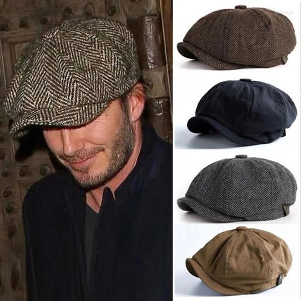 Gorras de bola Hombres Retro Boina Sombrero británico Mezcla de lana Vintage Herringbone Tweed Casual Sboy Flat Cap