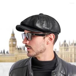 Casquette octogonale en cuir véritable pour hommes et femmes, chapeau d'hiver Vintage Sboy, chaud, artiste, coton, peau de vache britannique