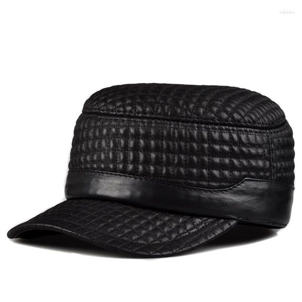 Capas de pelota Sombreros de cuero para hombres Autumn/Invierno genuino genuino de piel de oveja plana a cuadros militar/cheque/rectángulo bordado Gorras cálido tibio