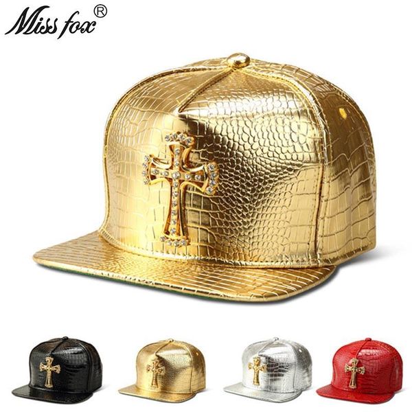 Gorras de béisbol Missfox Hip Hop Mujeres Hombres Sombrero Gold Cross Cz Stone Pavimentado Sombreros negros Ala plana Patrón de cocodrilo