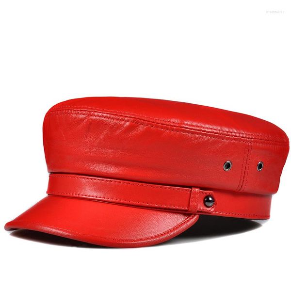 Gorras de béisbol azul marino moda europea/americana sombrero hombres mujeres cuero genuino rojo blanco suave piel de cordero plana superior militar masculino coreano Boina