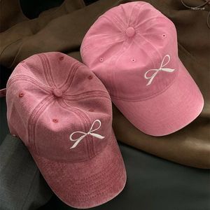 Casquettes de baseball Casquette de baseball avec nœud rose pour femmes Y2K coréen délavé Denim Snapback chapeau été réglable brodé filles papa chapeaux