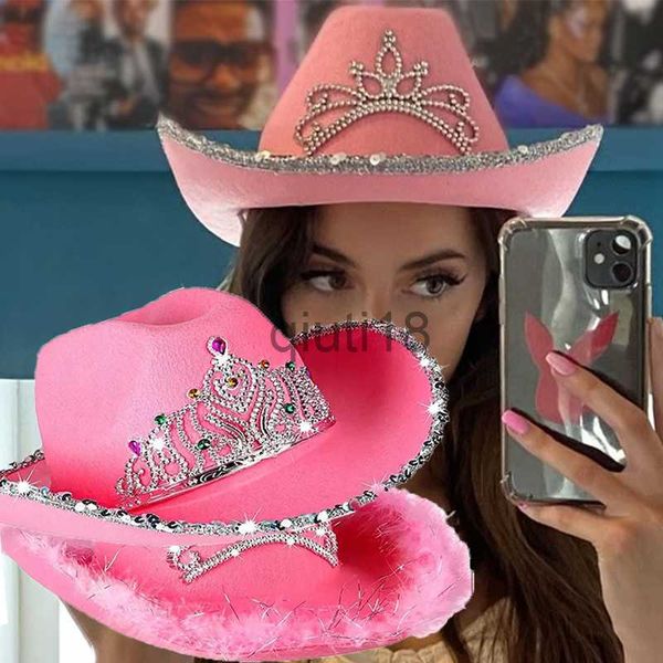 Casquettes de balle Rose West Cowgirl Chapeaux pour femmes Cow Girl Chapeaux Tiara Plume Feutre Western Sequin Cowboy Chapeau Costume Party Play Dress Cap x0927