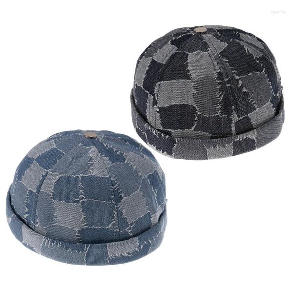 Casquettes de baseball Rétro Plaid Contrast Washed Denim Docker Cap Distressed Rolled Cuff Skull Hat