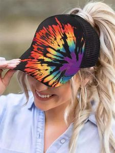 Gorras de bola Reverse Tie Dye Gorra de béisbol Rainbow Mesh Ponytail Harajuku para mujeres Hombres Street Hip Hop Gorras Hombre