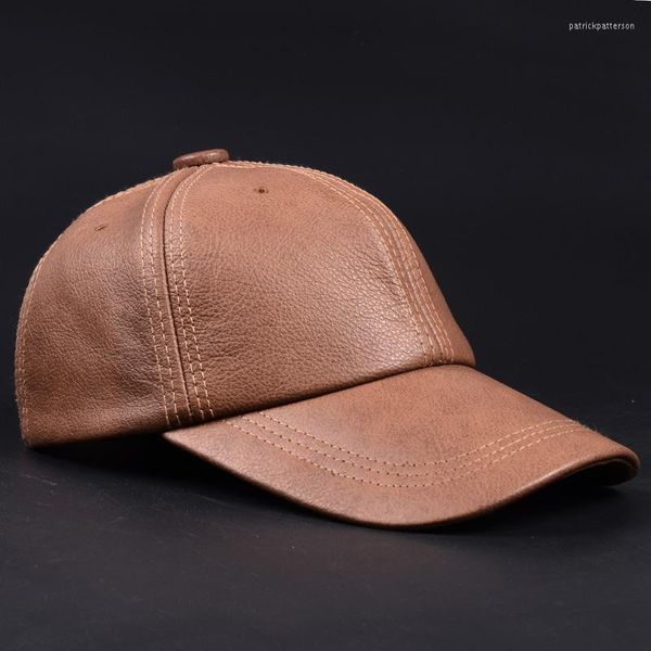 Gorras de béisbol RY9112 para hombre, gorra de béisbol de cuero genuino informal para hombre, sombreros de papá de cuero de vaca Real negro/Beige, sombrero fresco de ala grande para hombre