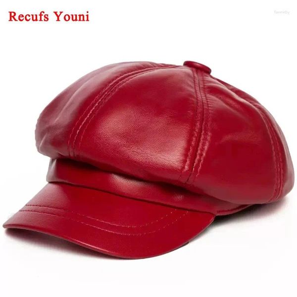 Casquettes de balle en peau de mouton hiver chapeau octogonal pour femmes en cuir véritable coréen peintre à la mode béret Mujer rouge bleu streetwear os femme