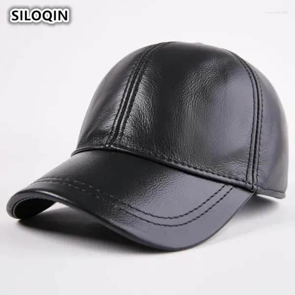 Gorras de bola SILOQIN Tamaño ajustable Invierno para hombre Cálido Béisbol de cuero genuino con orejeras Juventud de cuero de vaca Marca Papá Visor Cap