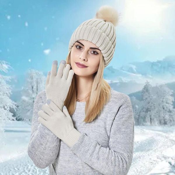 Casquettes de balle Casquette de football Chapeau chaud doux femmes épais avec des gants tricot manchette ski tricoté hiver chapeaux de baseball ajustés