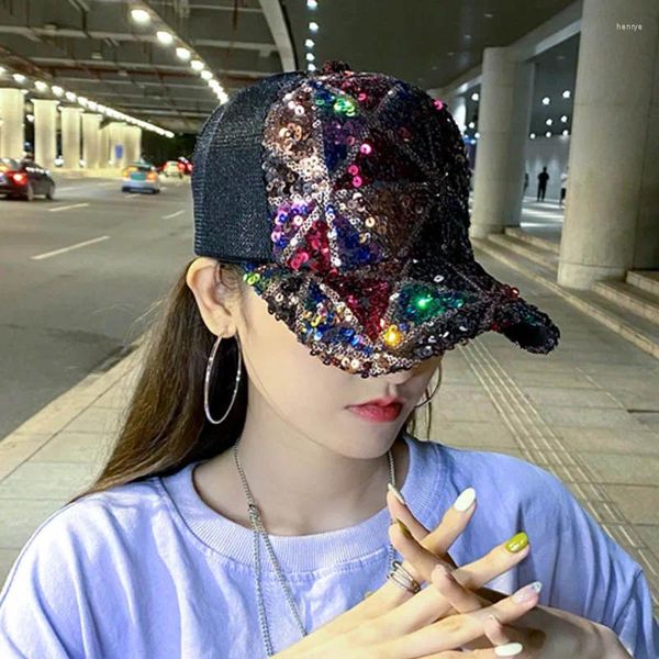 Casquettes de baseball Streetwear Shinning Casquette de baseball Femmes Snapback Hip Hop Trucker Paillettes Femme Maille Courbée Chapeau de Soleil