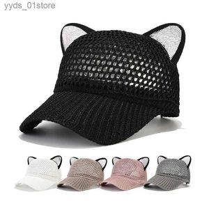 Casquettes de balle Été Mignon Chat Oreille Respirant Crème Solaire Mesh Baseball CS Femmes Réglable Snback Gorras Hip Hop Os Casquette Chapeaux L240314