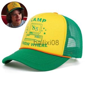 Ball Caps Things Season 4 Dustin Adult Mesh Caps 85 Camp Know Where Printed Cosplay Snapbk Hat Yellow / Green Curved Trucker Hats YY367 J230807