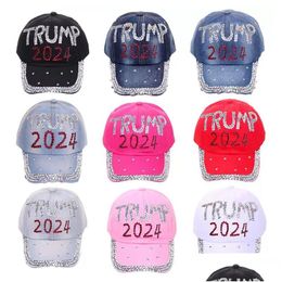 Kogelcaps Trump 2024 denim zon hoed casual diamant honkbal pet athleisure verstelbare katoenen drop levering mode accessoires hoeden s dh3ka
