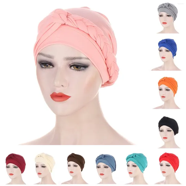 Gorros de bola Turbante Cabello Pre-atado Primavera Musulmán Pérdida Estiramiento Color Sólido Trenza Cabeza Bufanda Gorro Bonnet Party Accesorio