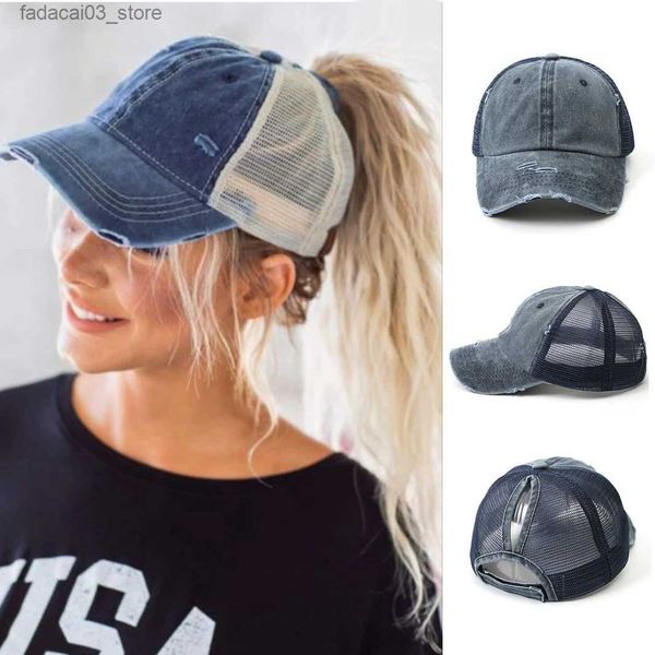 Gorras de bola Vintage Ponytail Gorra de béisbol Mujeres Ajustable Snapback Sombrero Malla Distressed Summer Cap Mujer Sunhat Q240116