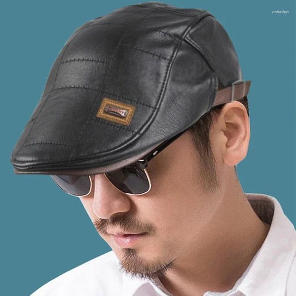 Ball Caps Vintage PU Le cuir béret chapeaux For Men Automne Hiver Hat Hat Père Visor Men's's Flat Plat Peak Cap ajusté