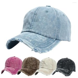 Casquettes de balle Casquette de baseball en coton lavé vintage déchiré à large bord rond haut tie-dye denim réglable unisexe chapeau de soleil sport pour l'extérieur294F