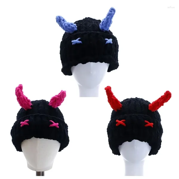 Gorros de bola Sombrero de invierno cálido para mujer Lana de punto Diablo Cuerno Sombreros Bonnet