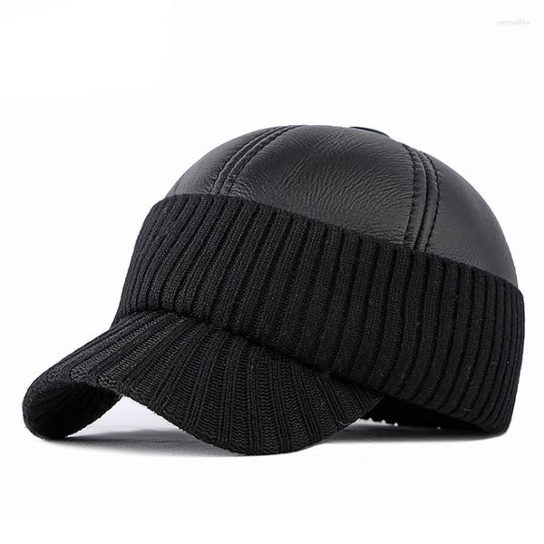 Gorras de bola Gorra de béisbol de invierno Hombres Cálido PU Cuero de punto Patchwork Snapback más grueso con orejeras Sombreros de padre de mediana edad